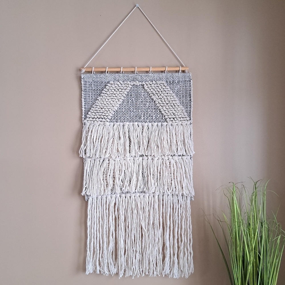 Macrame Wall Hanging Large Cream Black  Wool Cotton Neutral Bohemian Beach